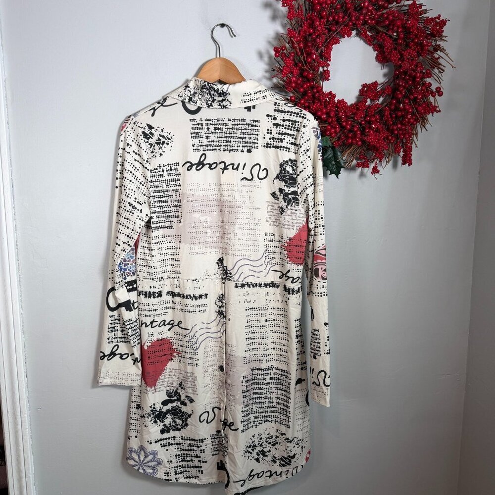 Lily Artsy Abstract Print Shirt Dress Cream Red Black Collared Tunic Small — image 3 of 8